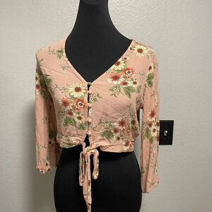 Floral Flare Sleeve Crop Top with button up and tie front Size Medium
